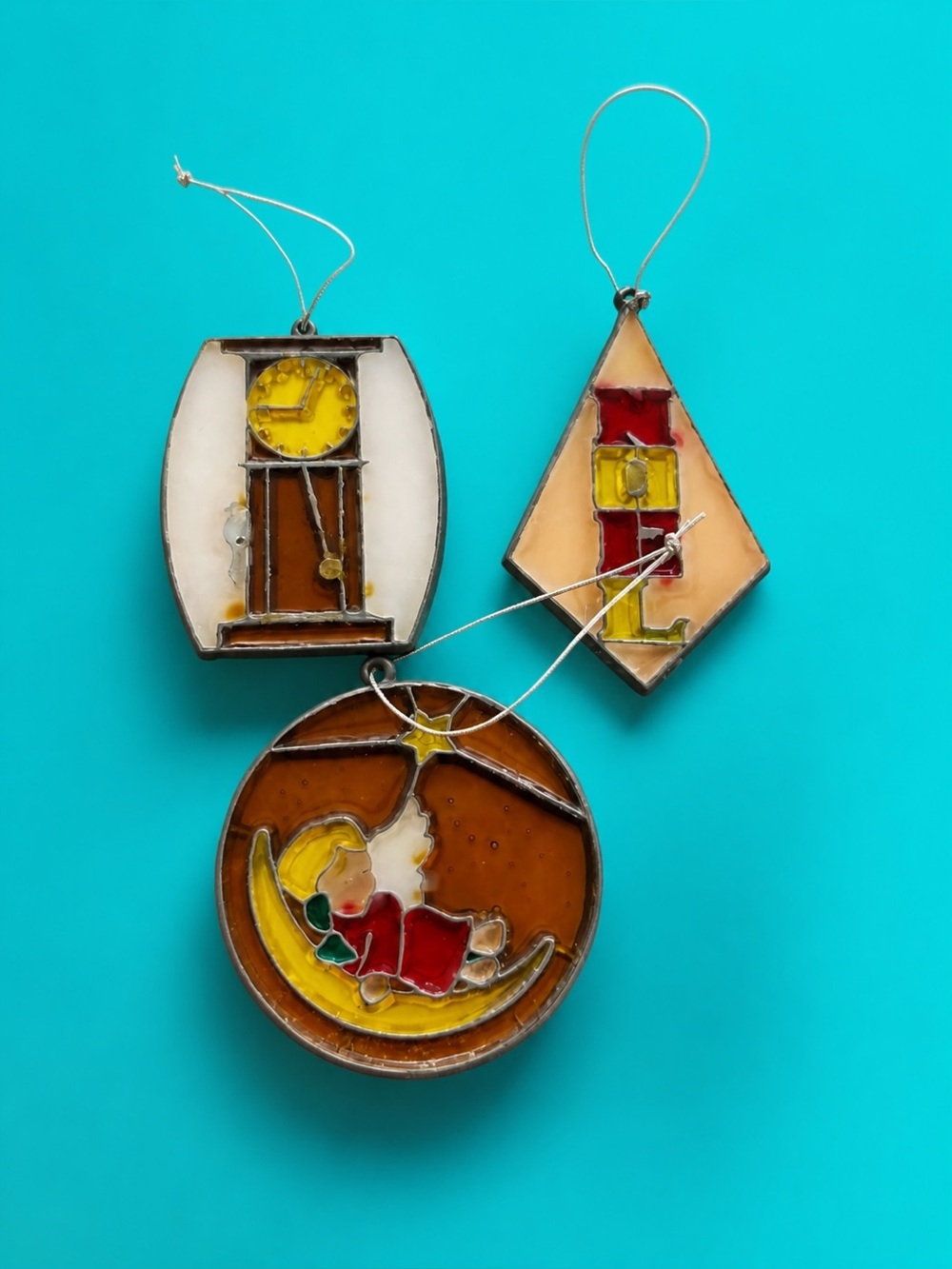 Vintage 1970s Handmade Plastic Suncatcher Christmas Ornament Lot of 3